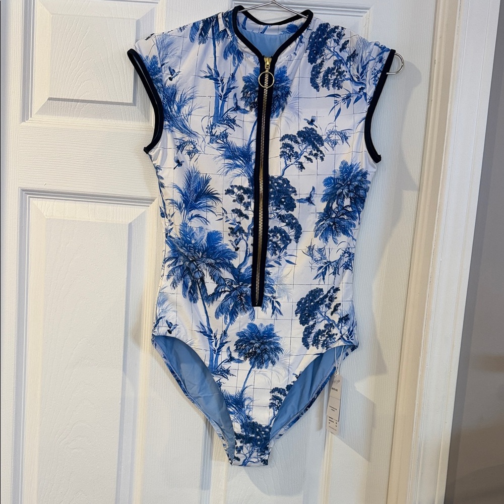 Seafolly Blue and White Tropical Zip One-Piece size 8